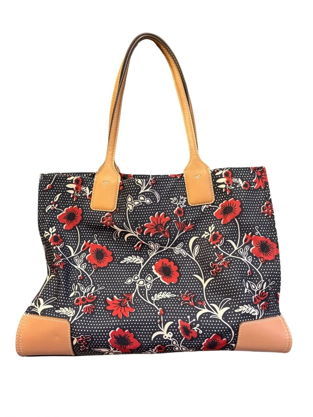 TORY BURCH Ella Tote Bag Purse Nylon Navy and Red Floral